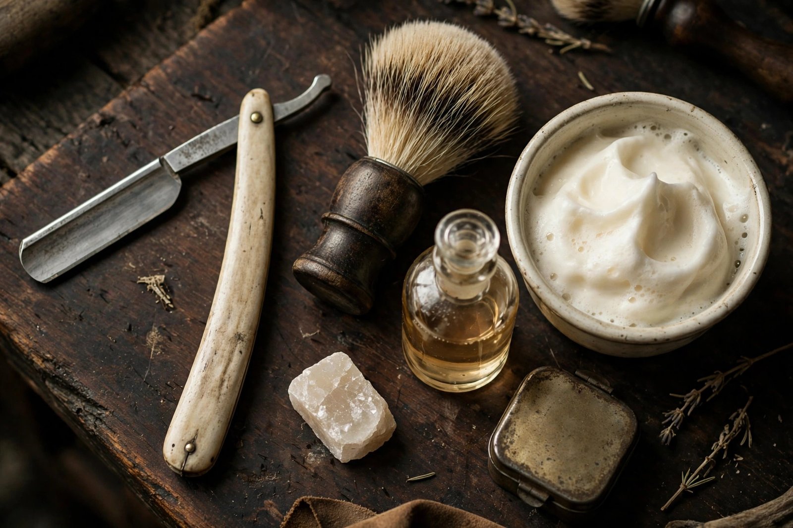 Navalha e produtos clássicos de barbearia