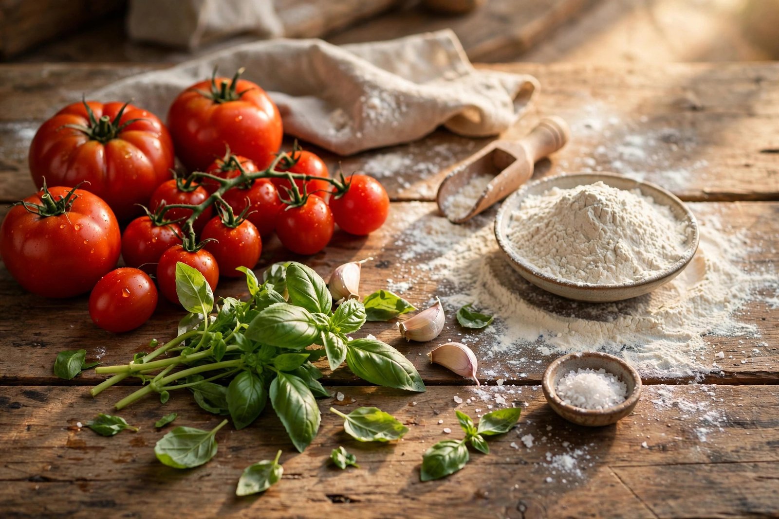 Ingredientes frescos sobre mesa rústica
